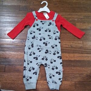 Disney Gray Mickey Mouse Overall Romper with Red Top